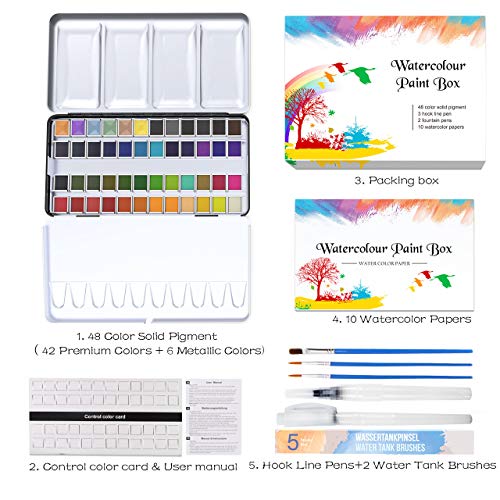 Caja de Acuarelas，RATEL Set de Pintura de Acuarelas Incluye 48 colores Pigmento sólido + 3 Brocha + 2 Pinceles para tanque de agua + 10 Papeles de acuarela,Colores de Acuarela conjunto