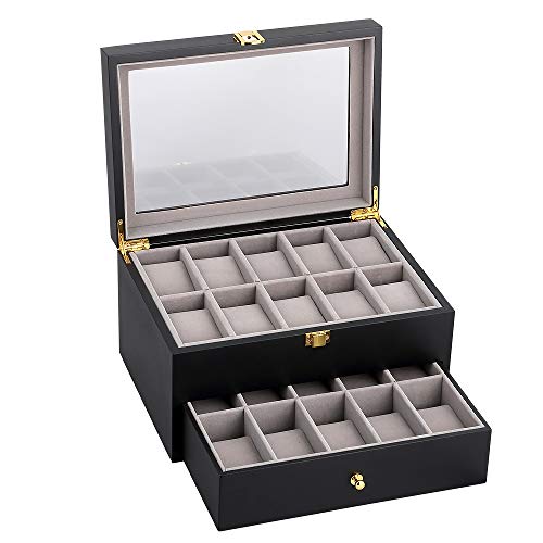 Caja para Relojes de Madera Estuche para Relojes y Joyeros con 2 Capas 20 Compartimentos