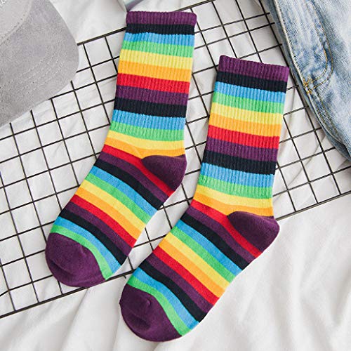 Calcetines De Rayas Multicolores Para Mujer Calcetines De Algodón De Tubo Medio Para Mujer Calcetines De Estilo Retro Rainbow Sock Crew