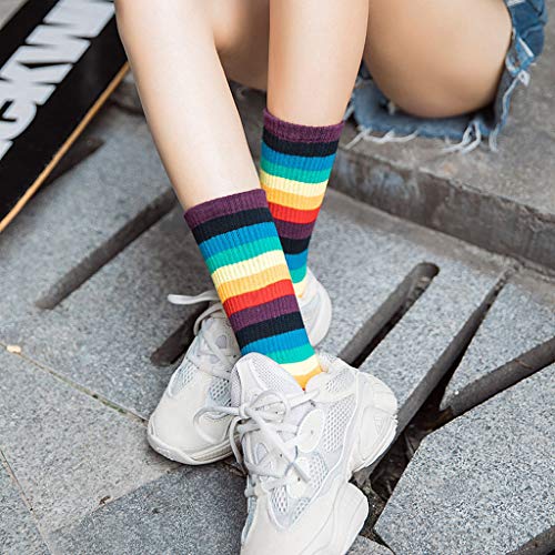 Calcetines De Rayas Multicolores Para Mujer Calcetines De Algodón De Tubo Medio Para Mujer Calcetines De Estilo Retro Rainbow Sock Crew