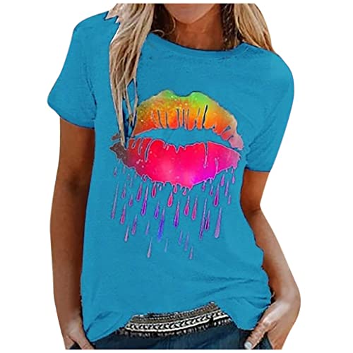 Camisetas casuales de verano de manga corta para mujer, camiseta de cuello redondo, con estampado de labios colorido, suave, camiseta de túnicas para adolescentes y niñas, azul, XXL