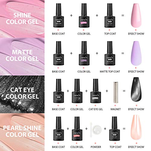 Canvalite Esmaltes Semipermanentes de Uñas en Gel UV LED, 6 Colors 3D Ojo de Gato con Imán, Base y Top Coat, Gel Uñas Manicura Kit Para DIY Salon 10PCS Kit de Esmaltes de Uñas 8ml (6 Colors)