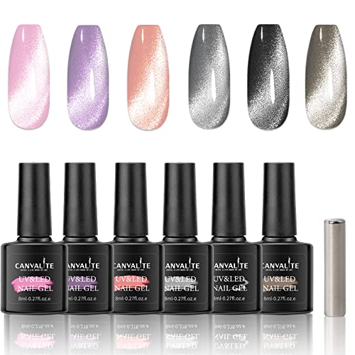 Canvalite Esmaltes Semipermanentes de Uñas en Gel UV LED, 6 Colors 3D Ojo de Gato con Imán, Base y Top Coat, Gel Uñas Manicura Kit Para DIY Salon 10PCS Kit de Esmaltes de Uñas 8ml (6 Colors)