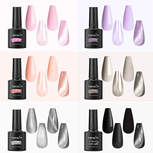 Canvalite Esmaltes Semipermanentes de Uñas en Gel UV LED, 6 Colors 3D Ojo de Gato con Imán, Base y Top Coat, Gel Uñas Manicura Kit Para DIY Salon 10PCS Kit de Esmaltes de Uñas 8ml (6 Colors)