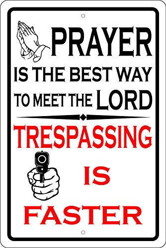 Cartel de metal retro con texto en inglés «Best Way to Meet Lord Trespassing Faster Alum 2ª enmienda divertida de 20 x 30 cm