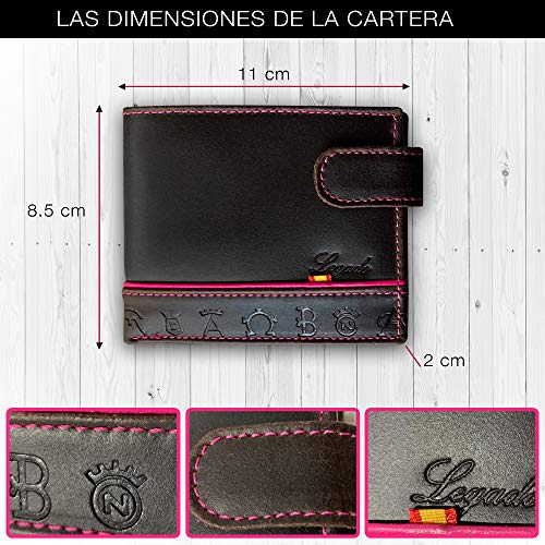 Cartera Horizontal Piel TRATADA Tira Fuxia Tarjetero Monedero Hombre Piel Cuero con Pulsera Bandera ESPAÑA DE Regalo y Tarjeta Proteccion RFIDBilletera