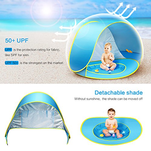 CeeKii Tienda Playa Bebe, Pop-up Tienda de bebé con Piscina para Infantil Carpa Plegable Portátil Protección Solar Anti UV 50, Tienda Campaña Playa para Bebés para Vacación Playa Parque - Azul