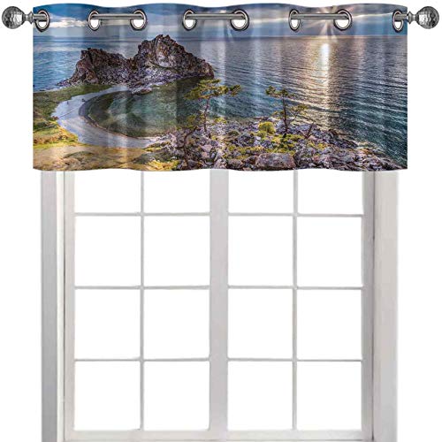 Cenefa Shaman Rock Lake Baikal en Rusia Tema costero Rayos Solares Vista Escénica Impresión 50" W x 18" L Cenefas de cortina para ventanas verde marrón azul