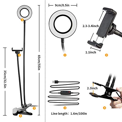 CestMall Selfie Ring Light Soporte para cámara Web para transmisión en Vivo/Maquillaje con Soporte para teléfono/cámara DV, Modo de 3 Luces, lámpara LED de Brillo de 10 Niveles con Soporte