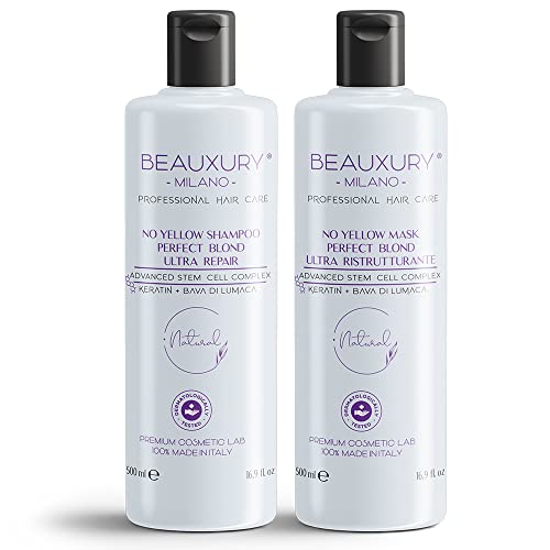 Champú & Máscara 500 ML anti-amarillo Rubio Perfecto para Cabello Rubio, Platino, Gris y Plata Células Madre Vegetales, Queratina