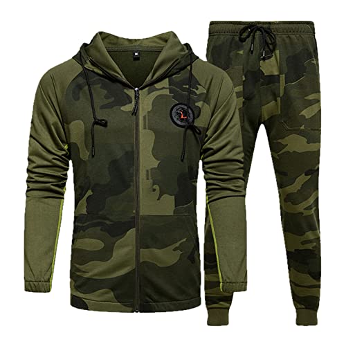 Chándal de camuflaje para hombre, conjunto de sudadera con capucha, 2 piezas, otoño, deportivo, para hombre, fitness, camuflaje, sudaderas, chaqueta + pantalones, conjuntos - TZ57JM Verde, XXL