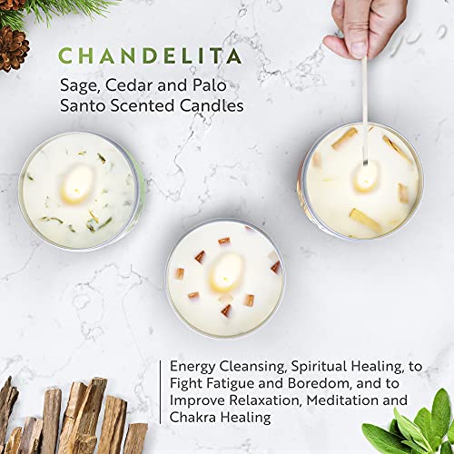 Chandelita Velas Aromáticas Perfumadas de Salvia, Cedro y Palo Santo de Cera de Soja para Limpiar el Ambiente, Sanar Espiritualmente, Combatir el Cansancio y Mejorar la Relajación y Meditación