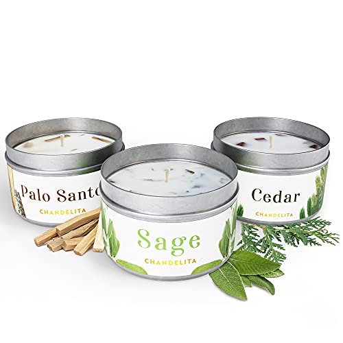 Chandelita Velas Aromáticas Perfumadas de Salvia, Cedro y Palo Santo de Cera de Soja para Limpiar el Ambiente, Sanar Espiritualmente, Combatir el Cansancio y Mejorar la Relajación y Meditación