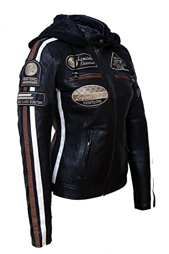 Chaqueta Moto Mujer de Cuero Urban Leather '58 LADIES' | Chaqueta Cuero Mujer | Cazadora Moto de Piel de Cordero | Armadura Removible para Espalda, Hombros y Codos Aprobada por la CE |Negro | 5XL