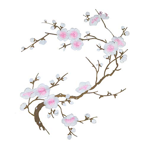CHENGZI Parches de bordado de flores de ciruelo con apliques de tela para manualidades, reparación de costura, juego de 2 unidades (blanco)