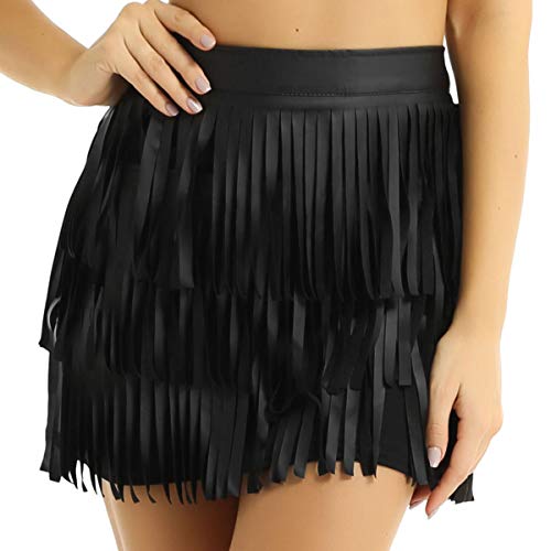 CHICTRY Falda de Baile Latino Latin Moderno Danza del Vientre Mujer Traje de Baile Latino Salsa Tango Rumba Cha Cha Falda de Borlas Flecos Cintura Elástica Elegante Negro B L