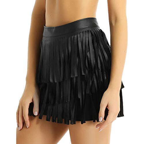 CHICTRY Falda de Baile Latino Latin Moderno Danza del Vientre Mujer Traje de Baile Latino Salsa Tango Rumba Cha Cha Falda de Borlas Flecos Cintura Elástica Elegante Negro B L