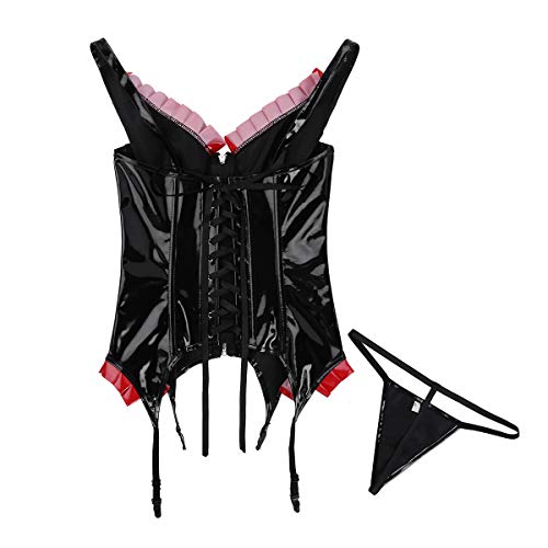 CHICTRY Pijamas Sexy Mujer Corsé Cuero de Imitación Corset Bustier Tank Top Mini Vestido Latex con Ligas + Tanga de Charol Lencería Erotica Mujer Negro Large