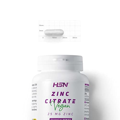 Citrato de Zinc de HSN | 4 Meses de Suplementación con 25mg de Mineral Elemental por Cápsula Vegetal | Forma de Alta Biodisponibilidad | No-GMO, Vegano, Sin Gluten