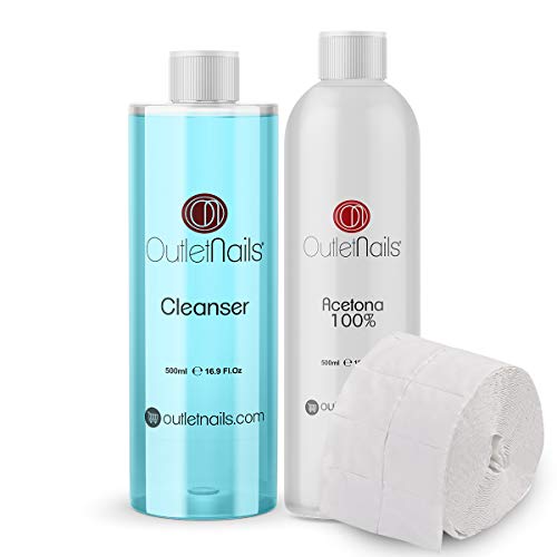 Cleaner para uñas 500ml Coco Azul + Acetona 100% Pura 500ml + Celulosas 500uds