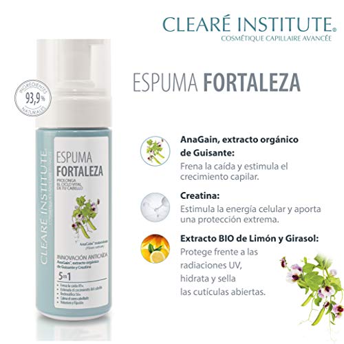 Clearé Institute Espuma Fortaleza Anticaída - Calma Cuero Cabelludo | Estimula el Crecimiento del Cabello | 97% Ingredientes Naturales | Aporta Volumen y Fijación | Sin parabenos - 150ml