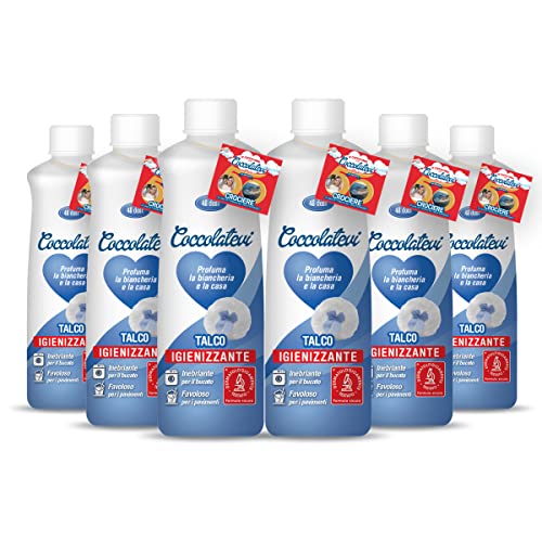 COCCOLATEVI Ambientador higienizante Talco, 6 paquetes de 300 ml, esencia para usar como perfume para la colada, ambientador de casa o limpiador de suelos.