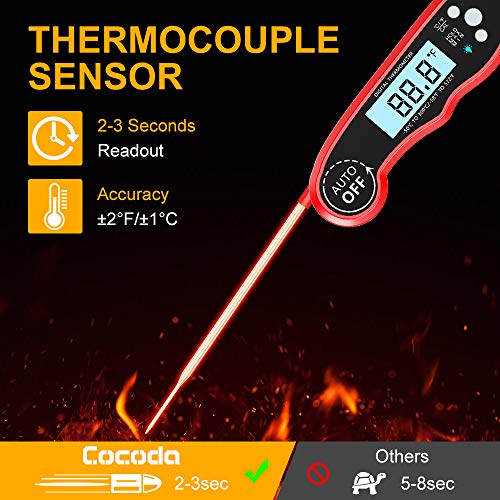 Cocoda Termometro Cocina Digital, Termómetro Carne de Lectura Instantánea de 2S con 4.7'' Sonda Larga, Pantalla LCD Retroiluminada, IPX6 Impermeable, Termometro Horno para BBQ, Comida