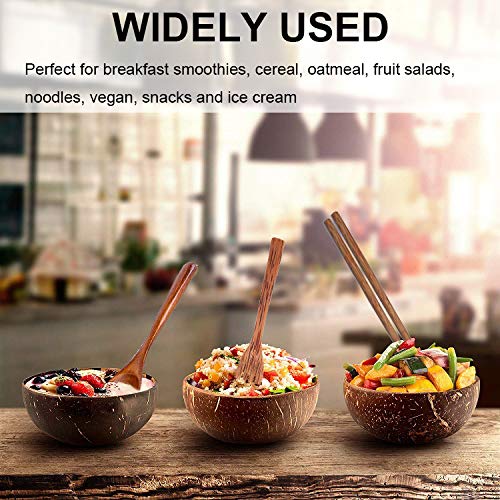 Coconut Bowl Set Bowl Coco y Cuchara Palillos Bol de Coco Cubiertos Madera Hecho a Mano Bowls Desayuno Naturales Cuenco Decorativo Ensaladera Vegane Buda Bowl para Helado Cereales Fruta Yogurt