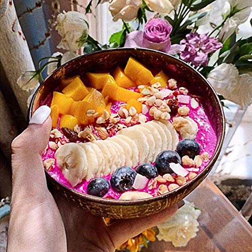 Coconut Bowl Set Bowl Coco y Cuchara Palillos Bol de Coco Cubiertos Madera Hecho a Mano Bowls Desayuno Naturales Cuenco Decorativo Ensaladera Vegane Buda Bowl para Helado Cereales Fruta Yogurt