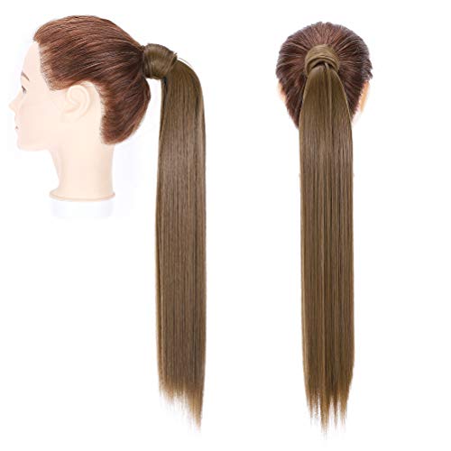 Coleta Postiza Pelo Sintético Se Ve Natural Extensiones de Cabello Clip Larga Postizo de Pasta Mágica Liso Ponytail 55cm Marrón claro