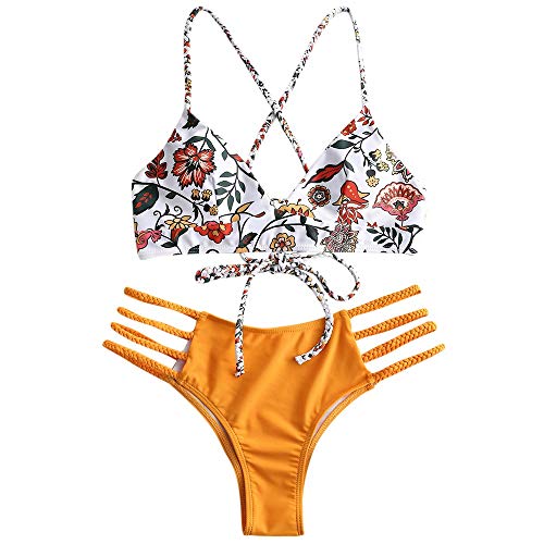 Conjunto de bikini Zaful para mujer compuesto por dos piezas con sujetador ajustable en la espalda y efecto realzador, escote triangular y estampado de flores naranja L