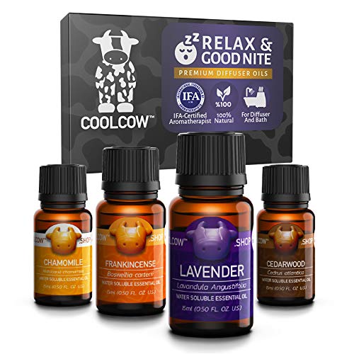 COOLCOW Relax & Good Nite - 4 Aceites Esenciales de 15 ml, 100% Puros Calmantes Para Difusores de Aromaterapia, Aceites Esenciales de Lavanda, Manzanilla, Madera de Cedro, Incienso - Alivio Del Estrés