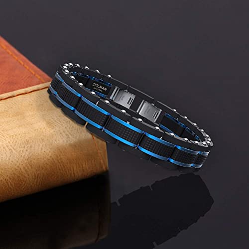 COOLMAN Pulseras Hombre Acero Inoxidable Pulsera Hombre Pulseras de Hombre Azul & Negro Ajustable 15.5-17CM