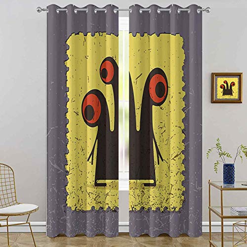 Cortinas opacas – aislamiento de juntas, cabezas de criatura trippy y ojos grandes sobre ilustración de la figura de sello amarillo, 52 x 72 cortinas para sala de estar, color gris pardo cálido