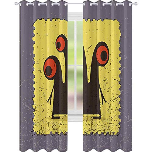 Cortinas opacas – aislamiento de juntas, cabezas de criatura trippy y ojos grandes sobre ilustración de la figura de sello amarillo, 52 x 72 cortinas para sala de estar, color gris pardo cálido