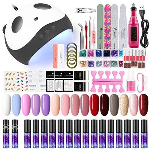 COSCELIA 5ML Kit Uñas de Gel 15PCS 36W Lampara U-V/LED Uñas con 3 Temporizadores (60s, 90s, 120s) Esmalte Semipermanente Torno Eléctrico para Uñas Base Top Gel de Manicura Kit