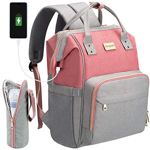 COSYLAND Mochilas para Pañales Biberones Bolso de Cambio Mamá Multifuncional Impermeable Gran Capacidad con Aislado Bolsillos para Cuidado Bebé con 2 Correas de Cochecito Puerto y Cable USB Gris+Rosa