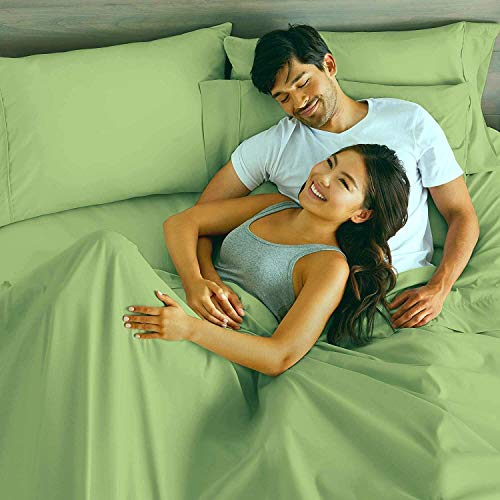 Cotton Bed Sheet Set 4 PC, 100% Long-Staple Combed Cotton, 400 Thread Count ,Breathable, Soft & Silky Sateen Weave Fits Mattress with 30 CM Deep Pocket, Sage Solid - Super King Size