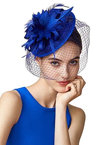 Coucoland Tocado de plumas para mujer, con hoja de arce, malla de malla, para boda, novia, elegante, para cóctel, té, fiesta, carnaval, accesorios para disfraz azul Talla única