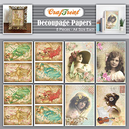 Craftreat Lovable Girls Floral Decoupage Papel Vintage Francés - Pretty Ladies and Paris with Love Decoupage Paper Flower - 8 piezas - Tamaño: A4 - Fondo floral Vintage Lady Stickers Decoupage francés