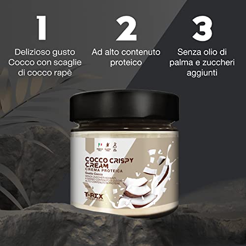 Crema de coco crujiente 250g con 21% de proteína de suero, sin aceite de palma, sin azúcares añadidos - T-Rex Integratori (Coconut Crispy)