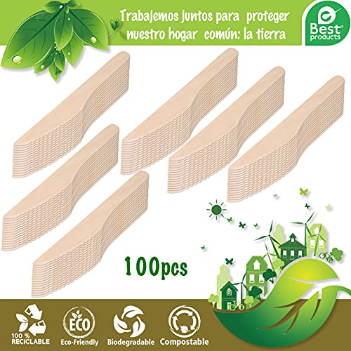 Cuchillos Desechables de Madera,Juego de 100,Cubiertos Biodegradables,Reciclables,16 cm