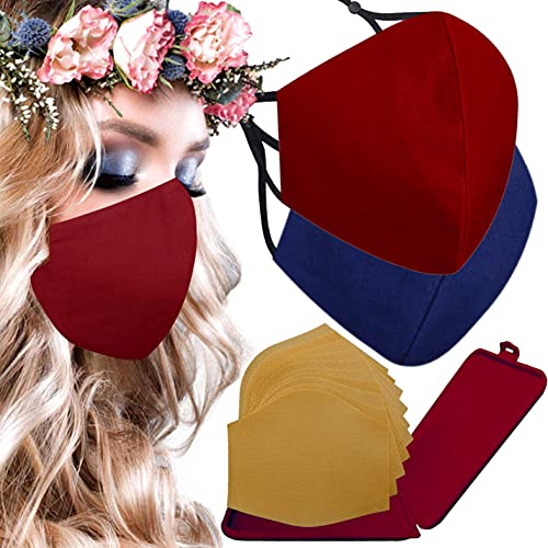 Cussi Mascarillas de Tela Colores Reutilizable Lavable, Pack de 2 Mascarillas Rojo Oscuro y Azul Marino 100% Algodón Higiénica Homologada Certificada BFE 99% Filtros Extra 1x Estuche para Mascarilla