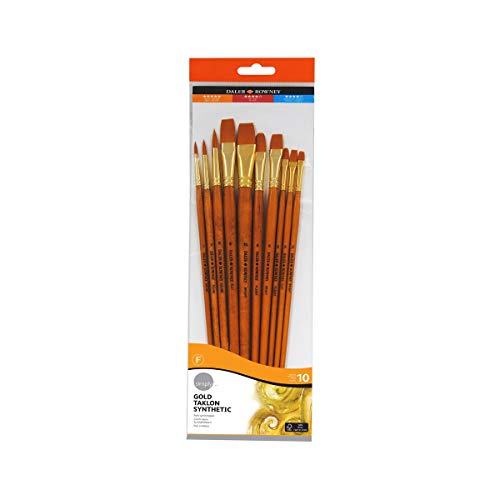 Daler Rowney Estuche con 10 Pinceles de Taklon con Mango Largo Simply :Redondo 1,3,5, Plano Corto 2,6,10,Plano 2,8,Lengua de Gato 2,6