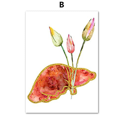 DASHBIG Cuadros decoraciónCorazón Pulmón Flor Órgano Anatomía Humana Arte de la Pared Pintura en Lienzo Carteles nórdicos e Impresiones Imágenes de Pared para médicos de Oficina | 30x42cmx6Sin Marco