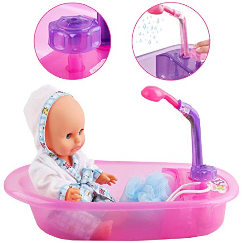 deAO Conjunto de Baño 13" Mi Primera Muñeca Bebé con Funciones de Agua Real Set Incluye Muñeca, Bañera, Accesorios y Albornoz