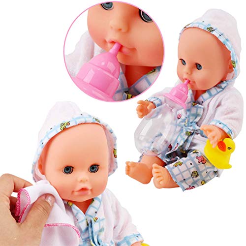 deAO Conjunto de Baño 13" Mi Primera Muñeca Bebé con Funciones de Agua Real Set Incluye Muñeca, Bañera, Accesorios y Albornoz