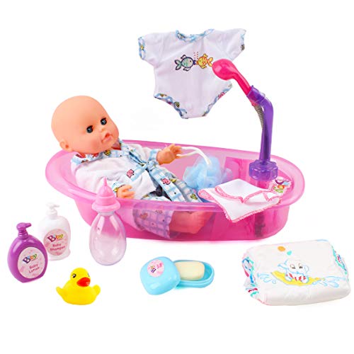 deAO Conjunto de Baño 13" Mi Primera Muñeca Bebé con Funciones de Agua Real Set Incluye Muñeca, Bañera, Accesorios y Albornoz