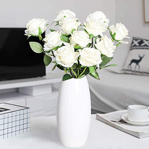 Decpro 12 Piezas de Rosas Artificiales, Flor de Seda de un Solo Tallo Largo de 19.7'' para Ramos de Novia, decoración de Hotel de Oficina, centros de Mesa, arreglos Florales(Blanco)