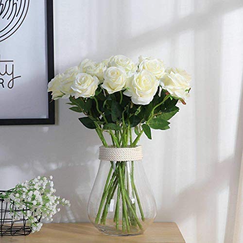 Decpro 12 Piezas de Rosas Artificiales, Flor de Seda de un Solo Tallo Largo de 19.7'' para Ramos de Novia, decoración de Hotel de Oficina, centros de Mesa, arreglos Florales(Blanco)